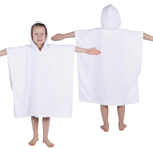 Image of Superior Kids Cotton Terry Poncho, Soft, Absorbent Bath Towel with Hood, Bathroom Accessories, Long, Plush Bathrobes for Bath, Shower, Spa, Resort, Hotel, Beach, Pool, Boy, Girl, Small /Medium, White