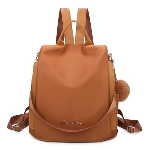 OLIVIA WONG Mochila antirrobo Impermeable para mujer (13L)| Mochila Convertible en bolso con pompom y Asa desmontable de adorno - Marron