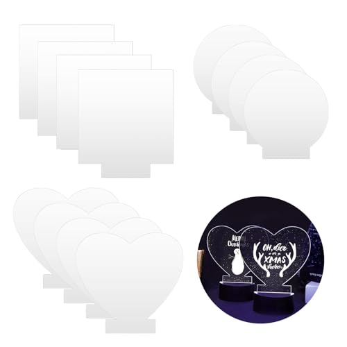 Lot de 12 plaques acryliques transparentes, carrées, en forme de cœur, en verre acrylique, 2 mm, en plexiglas, en plastique acrylique transparent pour base lumineuse...