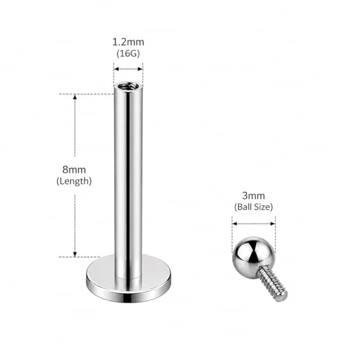 Image of Monster Piercing G23 Titanium Labret Stud, Internally Threaded, Plain Ball Top, Flat Back, 16G, 6mm /8mm /10mm - Sold as single piece