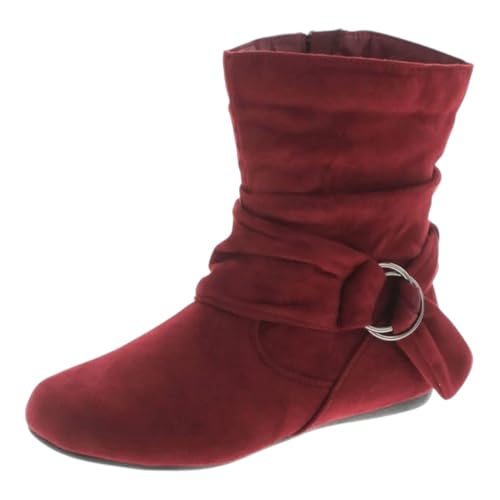 Forever Link Women's Fashion Mid Calf Flat Heel Side Zipper Slouch Boots Booties Main Selena-58 Burgundy 9