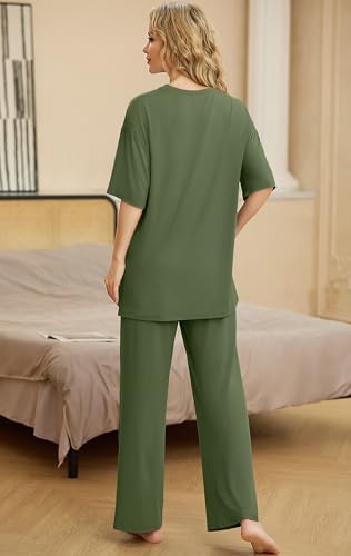 Image of PrinStory Womens Pajamas Sets 2 Piece Lounge Set Short Sleeve Tops and Long Pants Soft Pjs Loungewear with Pockets