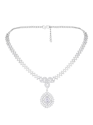 Image of ASMITTA Cubic Zirconia CZ Studded Rhodium Plated Necklace Set | Jewelery for Women Girls Ladies | Wedding Party Festive A-NS073