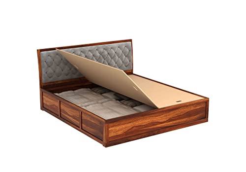 Image of Solid Sheesham Wood Queen Size Bed with Box Storage | Grey Upholstered Cushion Headboard | Wooden Double Bed for Bedroom | Palang /Cot /Mancham, Honey Finish