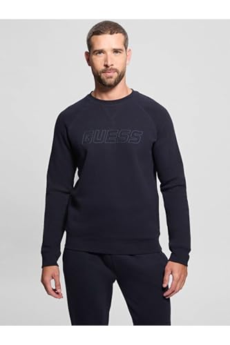 Image of GUESS Men Navy Blue Solid Crew Neck Sweatshirt