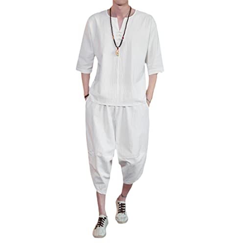 Ensemble en lin homme 2 pièces blanc taille L avec pantalon et chemise légère
