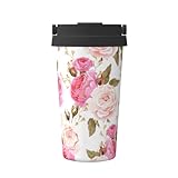 SPPONG Taza de viaje con estampado de rosas y flores, taza de café térmica a prueba de fugas, termo de acero inoxidable aislado para bebidas frías y calientes