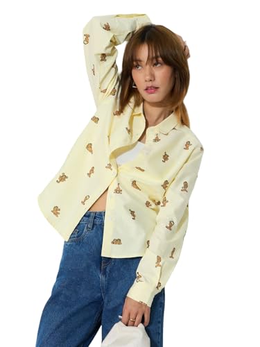 Chemise Garfield à manches longues col large jaune clair en coton décontractée pour femme