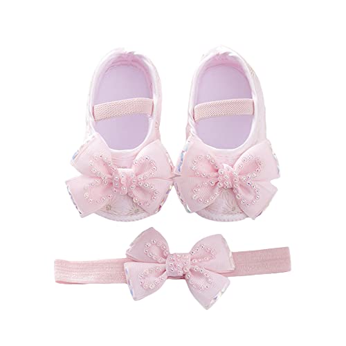 Baby Girls Mary Jane Flats Beaded Bow Princess Shoes Dress Walking Shoes and Headband for Newborn Infant Toddler
