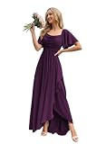 KJHUTAY A Line Long Bridesmaid Dresses Flowy Chiffon Formal Party Dress with Sleeve Plum