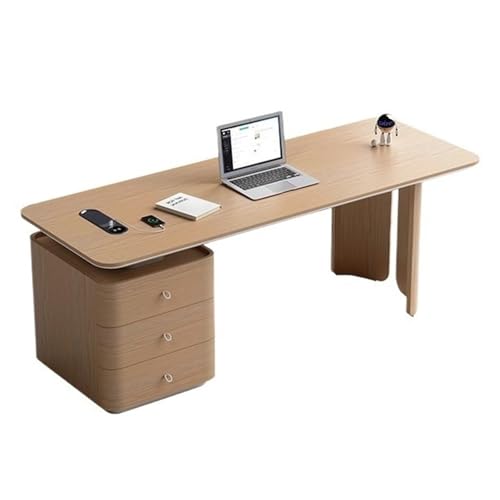 ゲーミングデスク ホームオフィスデスク(引き出し3つ付き)、木製書斎机、充電コンセント付きワークステーション、ナチュラルオーク(M)