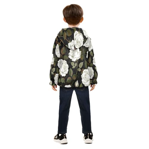 Elegant White Roses on Black Toddler Fleece Jacket Girl Boys Hooded Fleece Jacket Coat Warm Outwear Zip-up 3-10T4