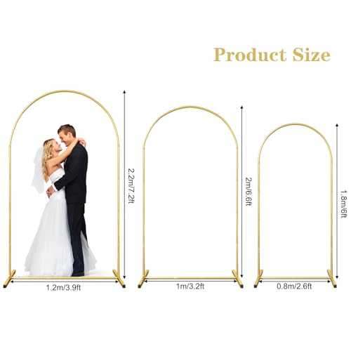 Image of RUBFAC Metal Arch Backdrop Stand Set of 3 (6FT & 6.6FT & 7.2FT), Gold Wedding Arch Frame Balloon Arch Backdrop Stand for Birthday Party Baby Shower Anniversary Graduation Ceremony Decoration