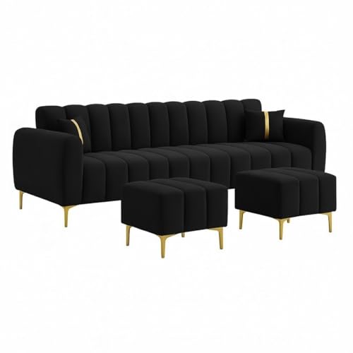 Image of Harmonica 3 Seater Modular L Shape Sofa Set with 2 Ottoman| Soft Velvet Upholstery, Sturdy Wooden Frame | Modern Sofa for Living Room, Hall & Office Spaces (Black)