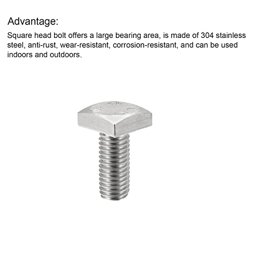 Image of uxcell Square Head Bolt, 10pcs M6x12mm Fully Thread 304 Stainless Steel Grade C Square Machine Screws