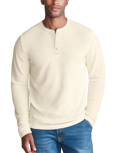 Zengjo Long Sleeve Henley Shirts for Men(Cream,L)