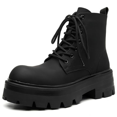 Men's Black Leather Lace-up Platform Combat Boots Retro Wide Toe Side Zipper Comfort Chunky Heel Lug Sole High Top Biker Ankle Booties