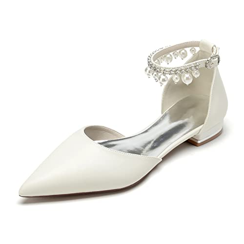 Women's Pointed Toe Pearl Wedding Flats for Bride Comfortable White Wedding Shoes Low Heels Ankle Strap Bridal Flats Formal Evening Party Dress Shoes Pumps