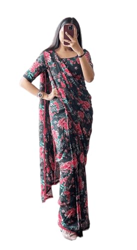 Sidhidata Women's Georgette Digital Printed Ready To Wear one Minute Saree With Unstitched Blouse Piece (Ready To wear Georgette)