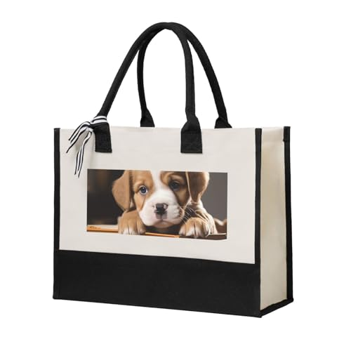 Canvas Tote Bag for Women Beach Tote Purse Reusable Grocery Bag Puppy Dog with Book Aesthetic Shopping Bags