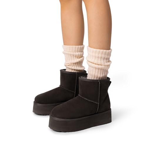 DREAM PAIRS Genuine Suede Classic Platform Boots for Women Water Resistant FuzzyClassic Ankle Winter Snow Low Boots with DIY Bows Faux Fur Lining Memory Foam Anti-Slip,Size 7.5,Brown,SDSB2428W