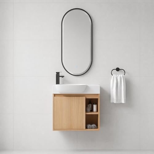 Image of 26 inch Wall Mounted Bathroom Vanity with Ceramic Sink, Modern Floating Bathroom Cabinet with Soft-Close Door & 2 Open Storage Shelves, Farmhouse Small Bath Vanity Set, Easy to Clean, Oak