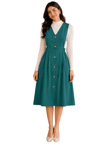 Image of WineRed Women Soild Pinafore Dress with Button