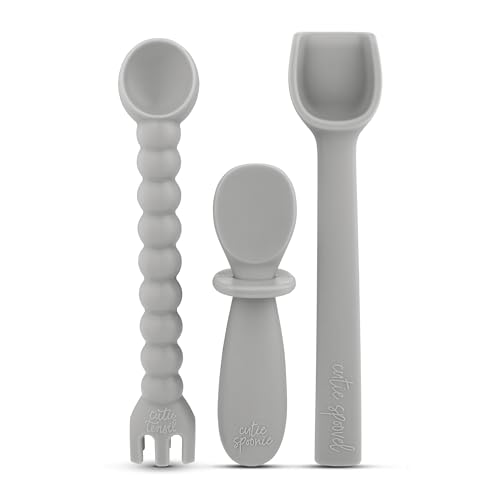 Image of Ryan & Rose Ultimate Baby Utensil Set of 3 Silicone Baby Spoons Silicone feeding set for baby led weaning, self feeding 6 months, toddler utensils (Slate)