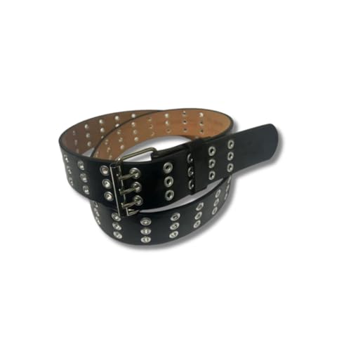 Men’s Black Punk Belt with Triple Eyelet Rows and Triple-Prong Buckle