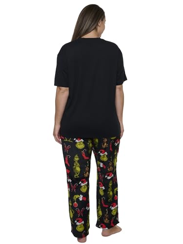 The Grinch Conjunto de pijama feminino de Natal Dr Seuss Minky e camiseta de pelúcia, Preto, P