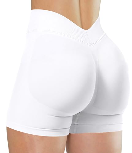 Unthewe Womens Seamless Workout Shorts Scrunch Butt Lifting High Waist V Back Gym Biker Shorts(U566-White-S)