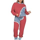 QJDFLL Set mit gespleißtem, lässigem Sweatshirt langem, zweiteiligem(Rot,L)