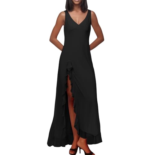 Robe longue femme chic col fente latérale et ourlet à volants