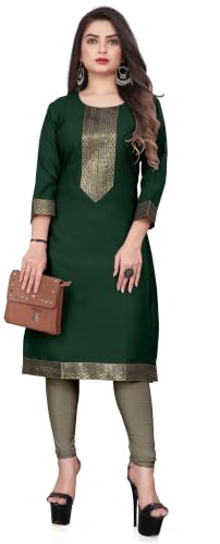 Image of Women Straight Woven Design Cotton Blend Round Neck 3 /4 Sleeve Kurti Only
