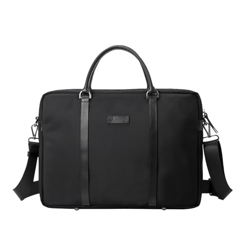 Mallette ordinateur 16 pouces noire en nylon imperméable avec bandoulière et finitions en cuir