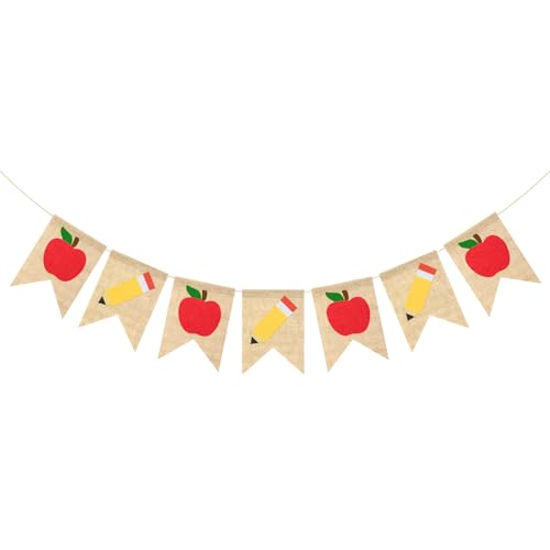 Burlap Back to School Banner, Apples Pencil Garlands Back to School Decoration, First Day of School Decorations for Home Office Classroom Kindergarten Party Supplies