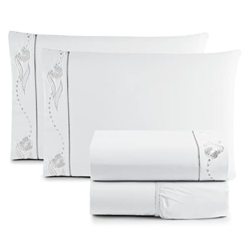 Jogo de Cama Lençol Queen Bordado Imperial Realeza 4 Peças 200 Fios Percal 100% Algodão (BRANCO)