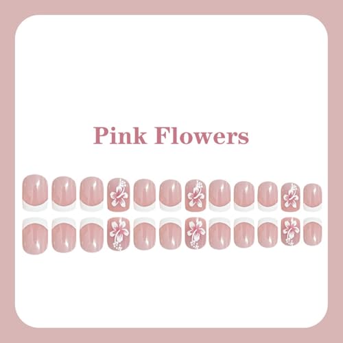 Image of 24Pcs White French Tip Press on Nails Flower Fake Nails with Summer design Nude Glossy Full Cover Short Square Stick on Nail for Women Manicure