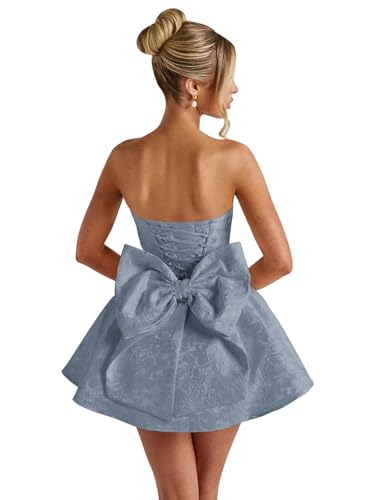 Image of Basgute Floral Jacquard Satin Short Homecoming Dresses for Teens A Line Strapless Formal Prom Evening Gown with Bow