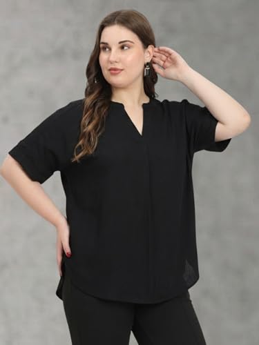 Image of SINDOORI Relaxed Fit Tops for Women Plus Size Solid Printed Mandarin Collar, Band Collar, V-Neck Top, Half Sleeve Loose Fit