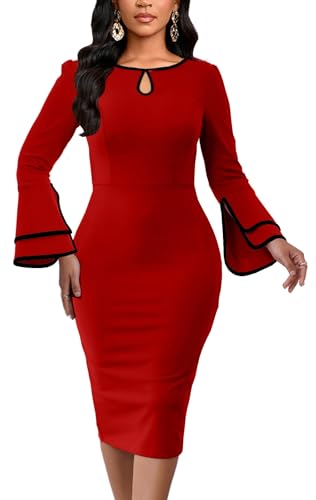 Image of ZonJie Church Dresses for Women Bell Sleeves Business Wear to Work Cocktail Party Pencil Casual Dress