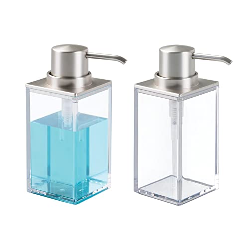 mDesign Rectangle Plastic Refillable Liquid Soap Dispenser Pump Bottle for Bathroom Vanity, Countertop, Sink - Hold Hand Soap/Sanitizer, Essential Oils, Lumiere Collection, 2 Pack, Cear/Brushed Chrome