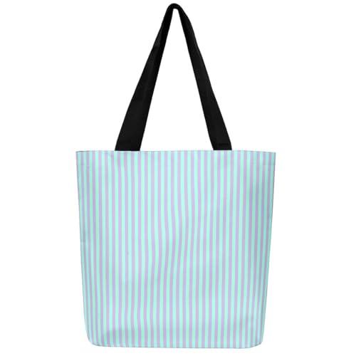 Castle Fairy Vertical Striped Canvas Tote Bag Aesthetic for Women Teens,Blue Purple Reusable Grocery Handbag,Farmhouse Shopping Canvas Bags,Contemporary Aesthetic Stripes,19.7" Wx15.7 L