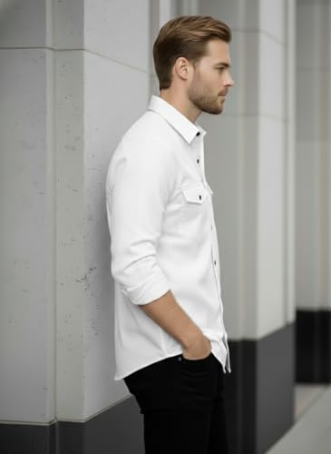 Image of DEELMO Men's Classic Cotton Blend Slim Fit Shirt || Full Sleeve Button-Down Casual Shirt with Dual Flap Pockets || Soft Breathable Fabric || Ideal for Office Party and Everyday Wear