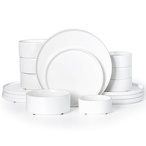 Plates and Bowls Sets for 4 - CJDC-QUELO 16 Piece Porcelain Dinnerware Sets, Ceramic Dishware Sets for Kitchen Dining Use, Chip and Scratch Resistant Microwave Dishwasher Safe, White