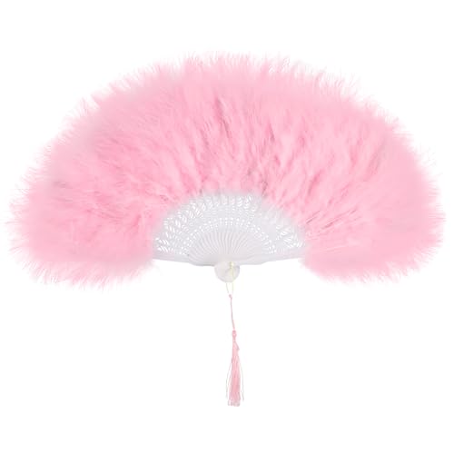 whitefeather Vintage Feather Hand Fan 17.7 x 11.8 inches Marabou Feathers 1920s Style for Costume Parties Tea Parties Wedding Decor (Pink)