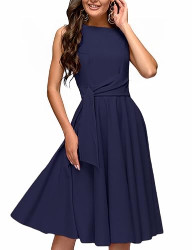 Image of FENJAR Women's Elegance Audrey Hepburn Style Ruched Dress Round Neck Sleeveless Swing Midi A-line Dresses (US, Alpha, X-Large, Regular, Regular, Navy)