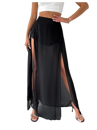 GORGLITTER Women's Mesh Sheer Ruffle Long Maxi Skirt See Through High Slit Coquette Skirts