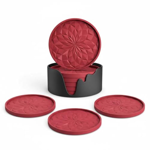 Sottobicchieri in Silicone con Supporto, Set da 6 Pezzi in Rosso, Antiscivolo e Resistenti al Calore, Lavabili in Lavastoviglie – Per Bevande, Caffè, Tazze, Cucina, Bar e Soggiorno, Protezione Tavolo