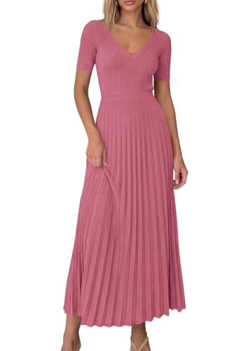 Image of PRETTYGARDEN Women's 2026 Spring Midi Sweater Dresses Elegant Pleated Ribbed Knit Short Sleeve V Neck A Line Summer Outfits